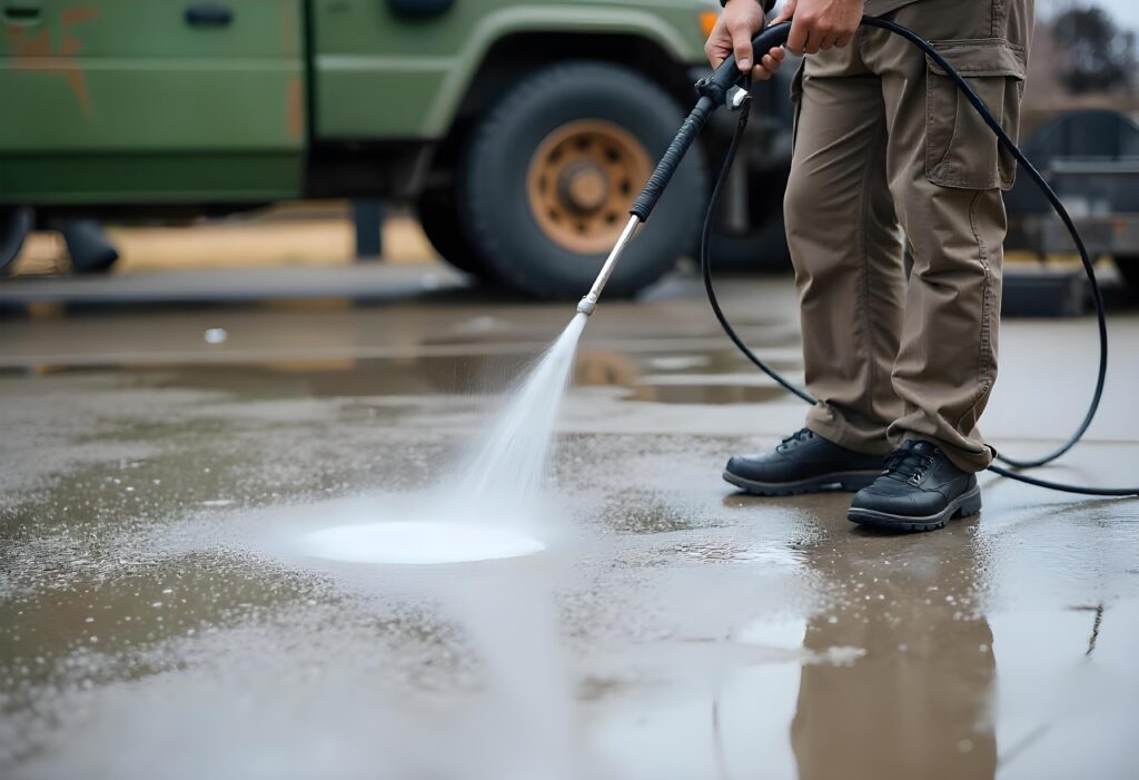 Foto em que aparecem os pés de um profissional fazendo a limpeza de um solo em concreto com a lavadora de alta pressão.