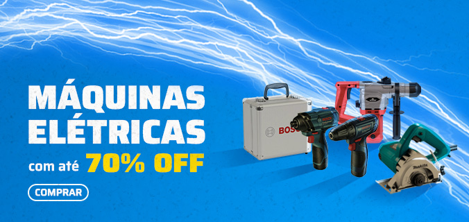 Banner de campanha black friday com fundo azul, com raios de flash indicando alguns dos equipamentos que participam da promoção. Em texto, escrito "Máquinas Elétricas com até 70% off".