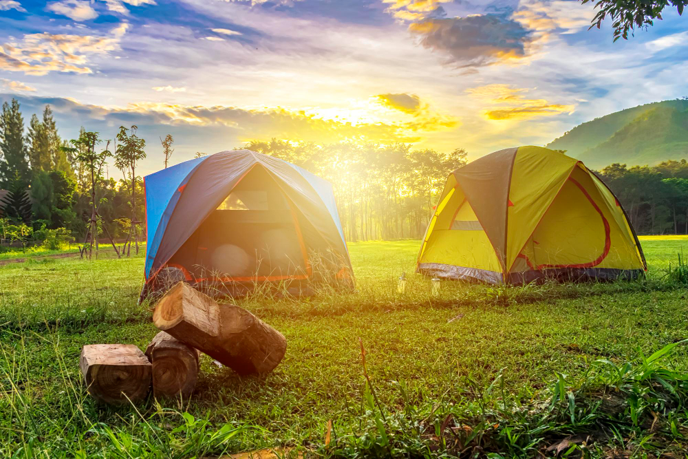 Duas barracas de camping em um lugar de gramado próprio para acampamentos