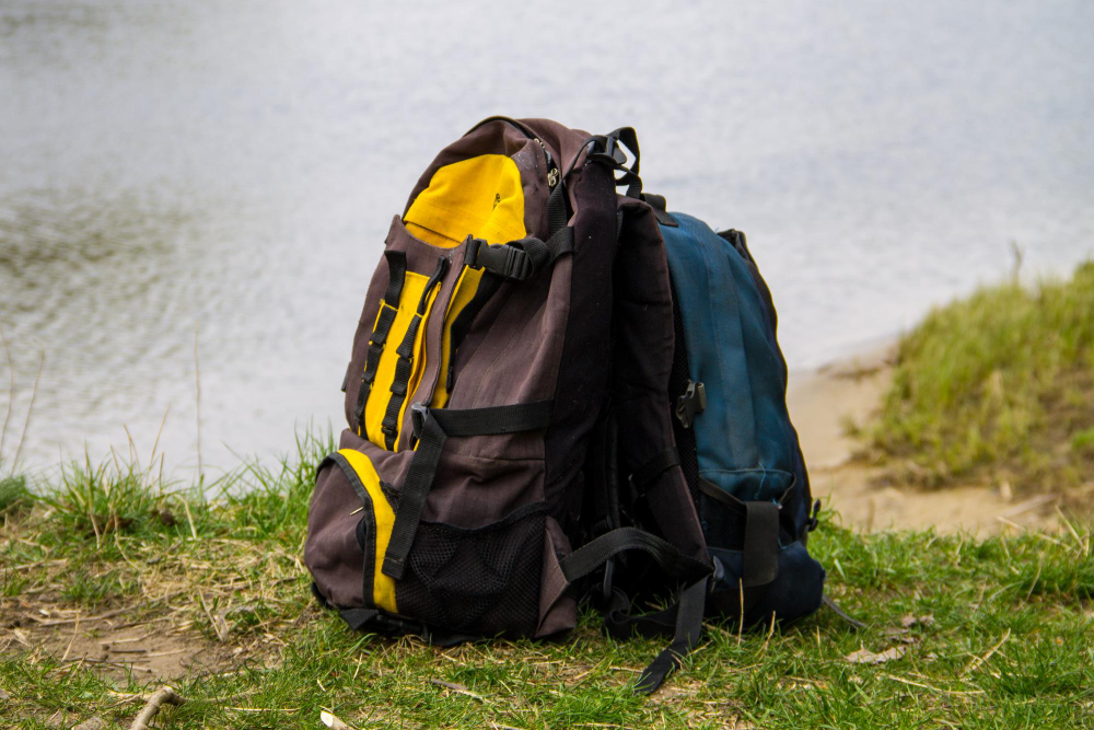 Duas mochilas em um gramado, uma do lado da outra na beira de um lago