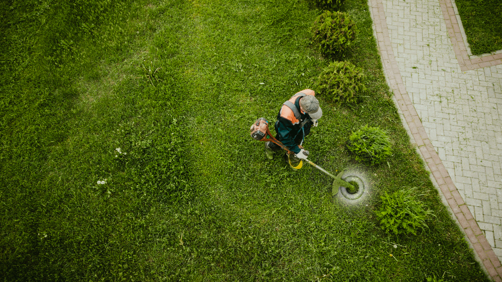 Na imagem vista de cima, um homem corta a grama com equipamento para roçar a grama