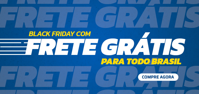 Banner da campanha de black friday 2024. Fundo Azul com escritas na parte duperior do centro: "Black Friday com", no centro em branco: "Frete Grátis" e abaixo em amarelo, "para todo Brasil".