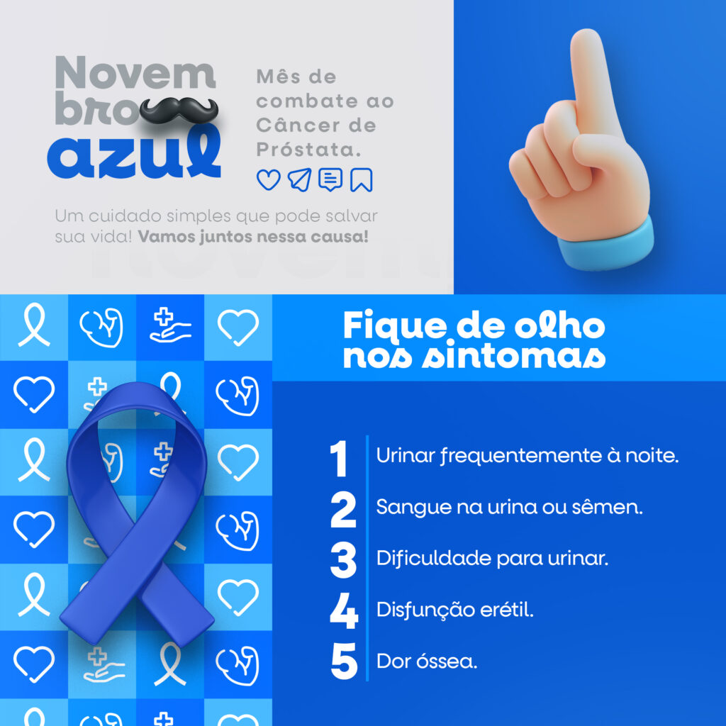 Panfleto informativo sobre novembro azul com principais sintomas do câncer de próstata quando está em fase avançada, que é quando os sintomas aparecem. (Urinar com frequência, sangue na urina ou sêmen, dor ao urinar, disfunção erétil e dor óssea).